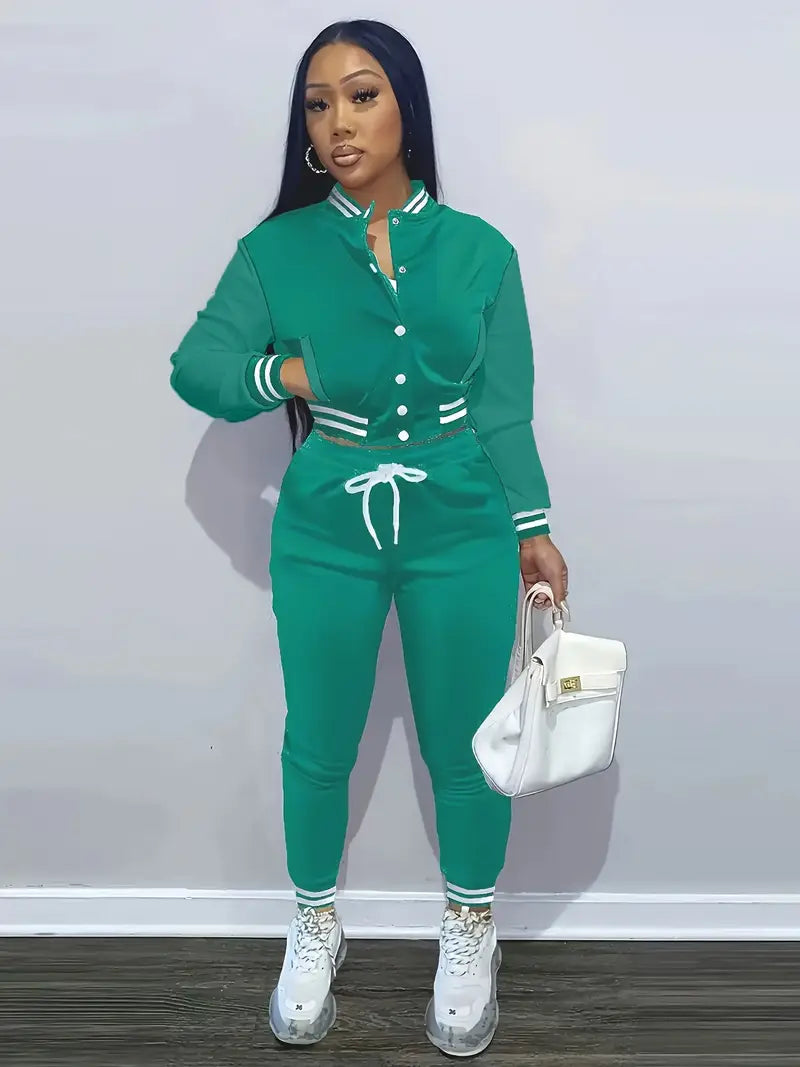 Women'S Baseball Jacket and Jumpsuit Set - Casual Two-Piece with Drawstring Waist, Button-Up Collar