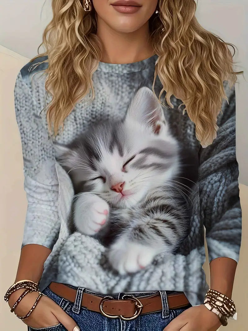 Women's Cute Tabby Kitten Print Long Sleeve T-Shirt - Soft Round Neck Sweater
