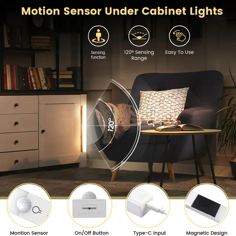 3pcs Dimmable LED Motion Sensor Cabinet Lights | USB Rechargeable, 3Color Modes