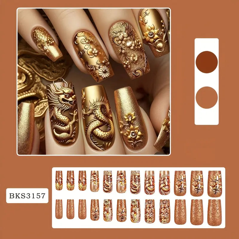 Golden Dragon & Floral Design Press-On Nails - Sparkling Metallic Finish
