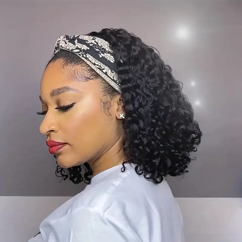 200% Density Brazilian Remy Human Hair Wig - Glueless Headband Deep Wave Sporty Style Rose Net Cap for Women