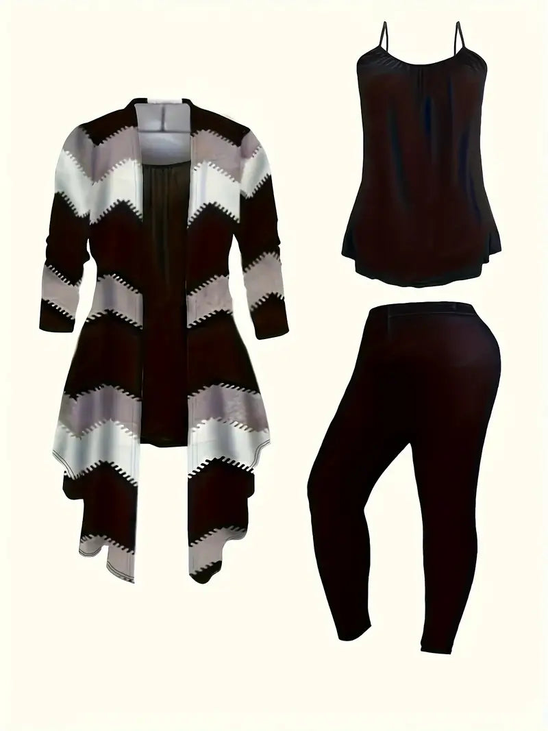 Printed Cardigan Jacket Women's Three-piece Suit with Solid Slacks Vest - Everyday Suit