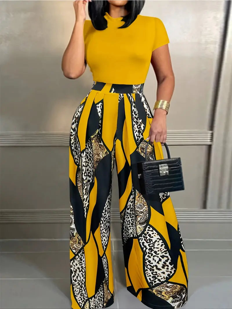 2pcs Set of Short-sleeved Slim-fit T-shirts + Elastic Waist Design Printed Wide-leg Pants for Summer