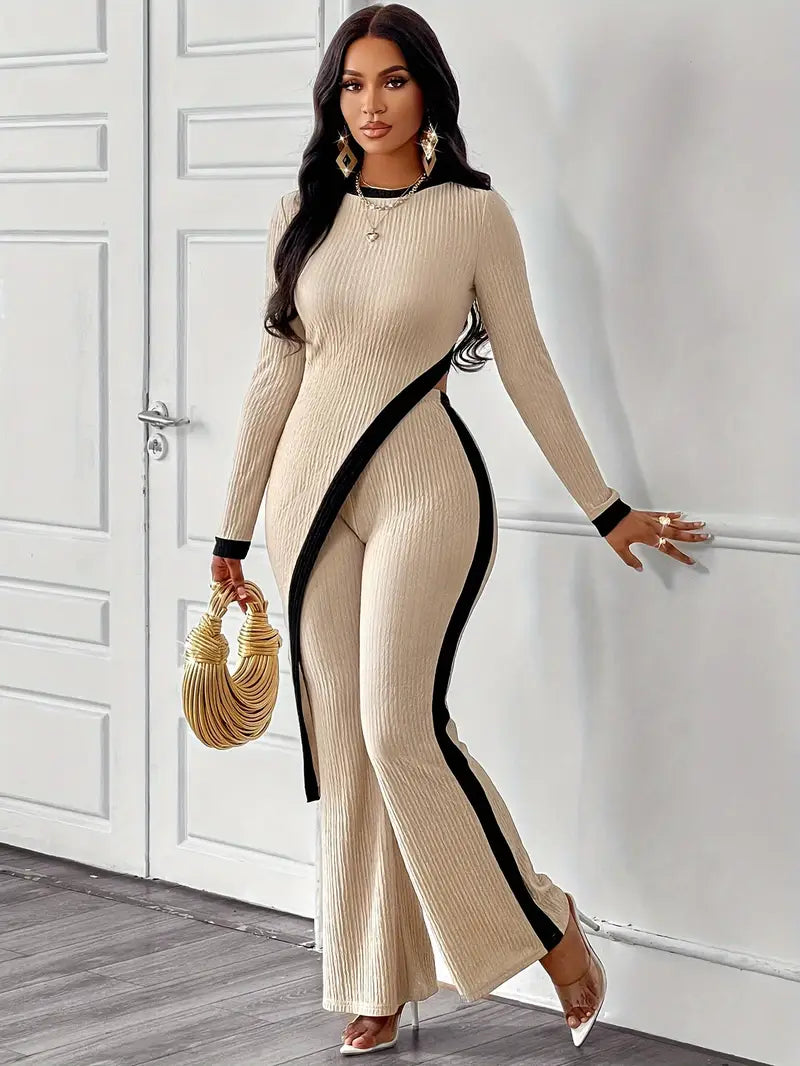 2pcs set for women with asymmetric hem T-shirt and bell-bottom pants set