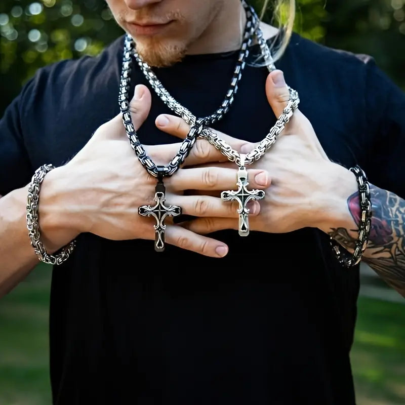 2pcs vintage necklace, Cuban chain beads, weight sense men fashion pin, hand pin set