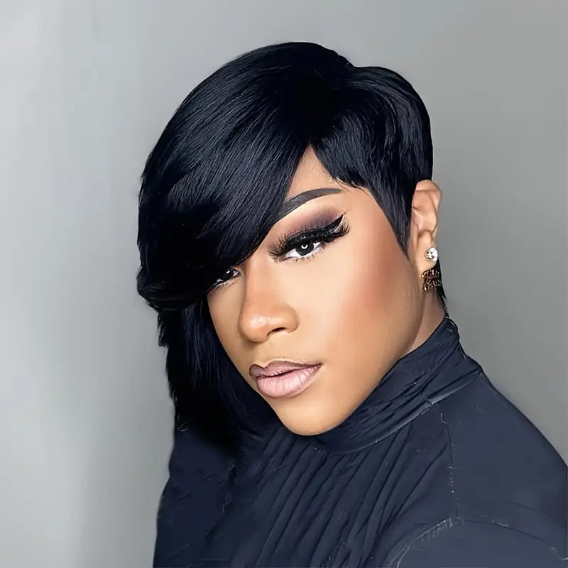 Short Pixie Cut Wig with Bangs 8 Inch Straight Virgin Layered Wigs Throw On and Go Glueless Wigs