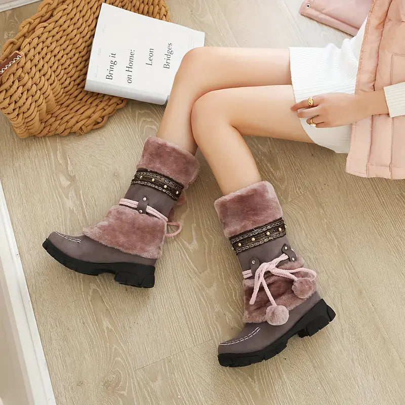 Women's Mid-Calf Slip-On Winter Snow Boots with Suede & Faux Fur, Striped Jingle Bells