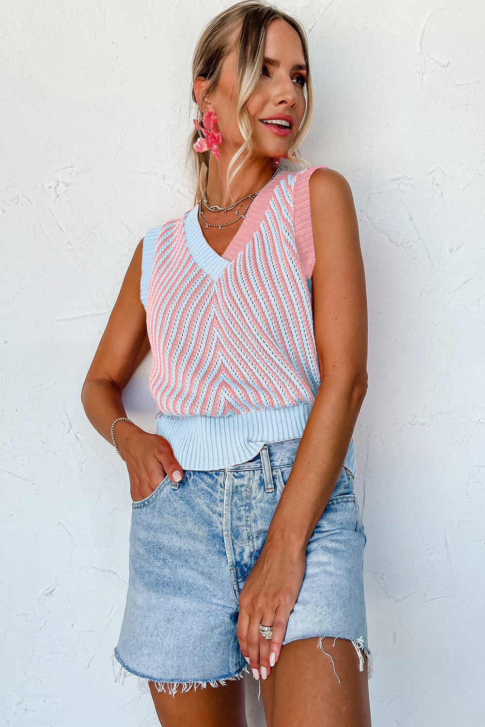 Strawberry Pink Contrast Chevron V Neck Knitted Vest