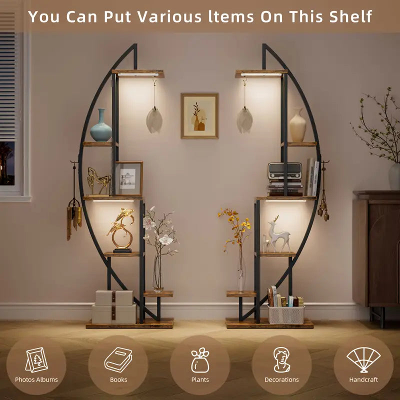 Magazine Holders with Lights, 2pcs Corner Shelf Stand, 63" Tall Large Metal Bookshelf, 6-Tier Narrow Bookcase for Collectibles