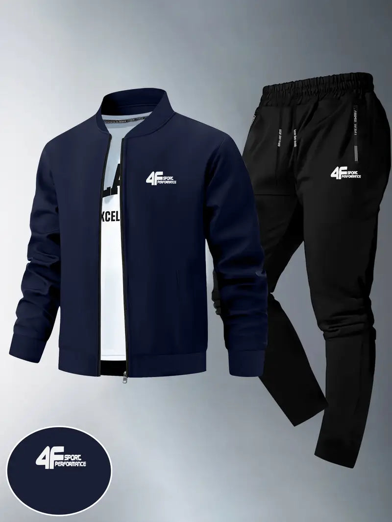 Two-Piece Men'S Slim Fit Jacket and Sports Pants Set, Polish Outdoor Print