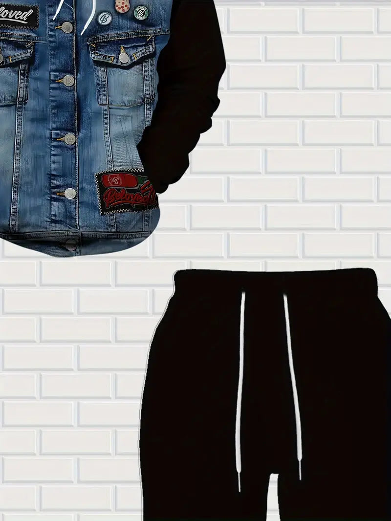 Casual Comfortable Men's Long-Sleeve Sweatshirt Set | Minimalist Denim Pattern Print