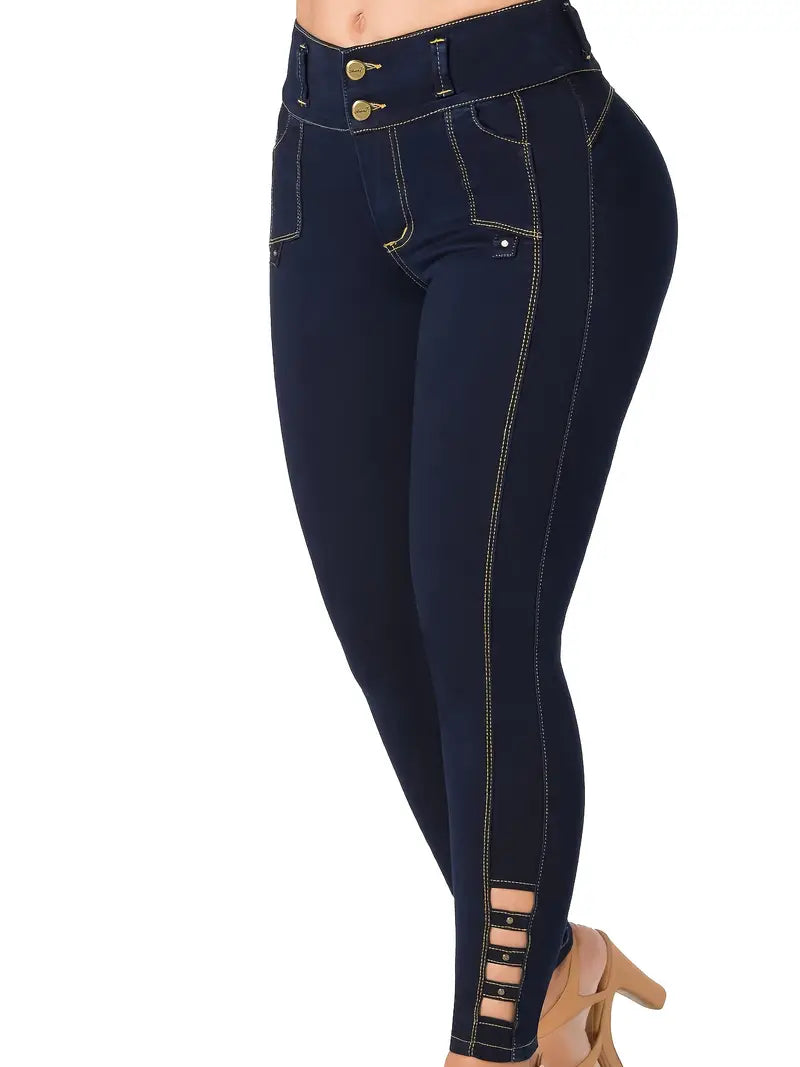 Women's High-Waisted Stretchy Slim-Fit Dark Blue Distressed-like Leg Jeans