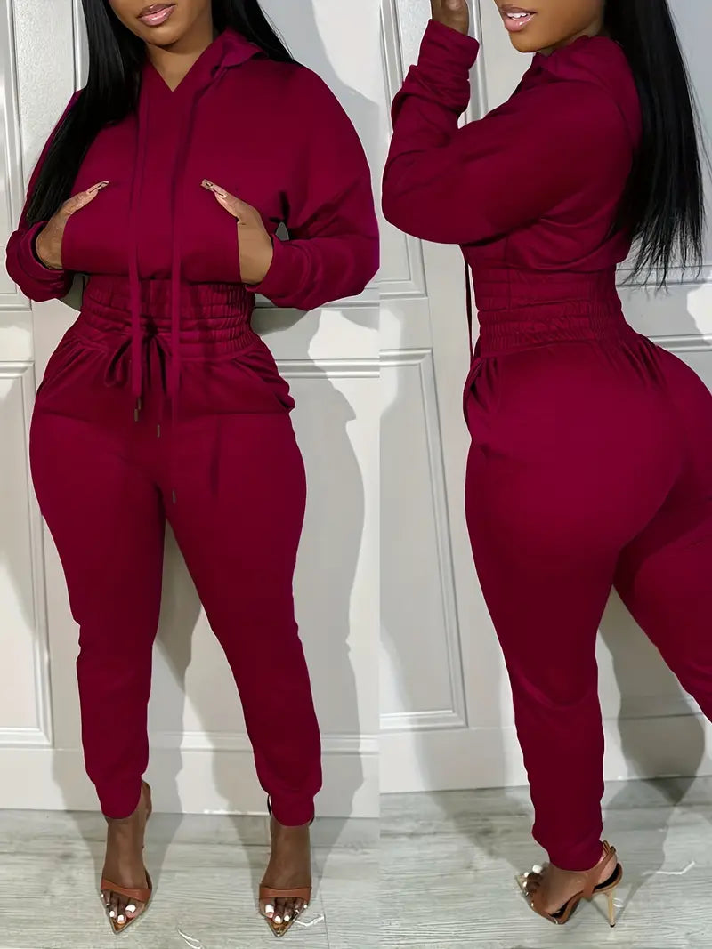 2 Piece Outfits Lounge Hoodie Shirred Waist Pocket Design Sweatshirt Cuffed Jogger Sweatpants Tracksuit