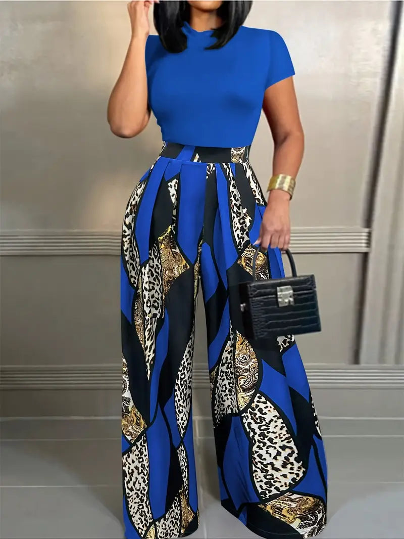 2pcs Set of Short-sleeved Slim-fit T-shirts + Elastic Waist Design Printed Wide-leg Pants for Summer