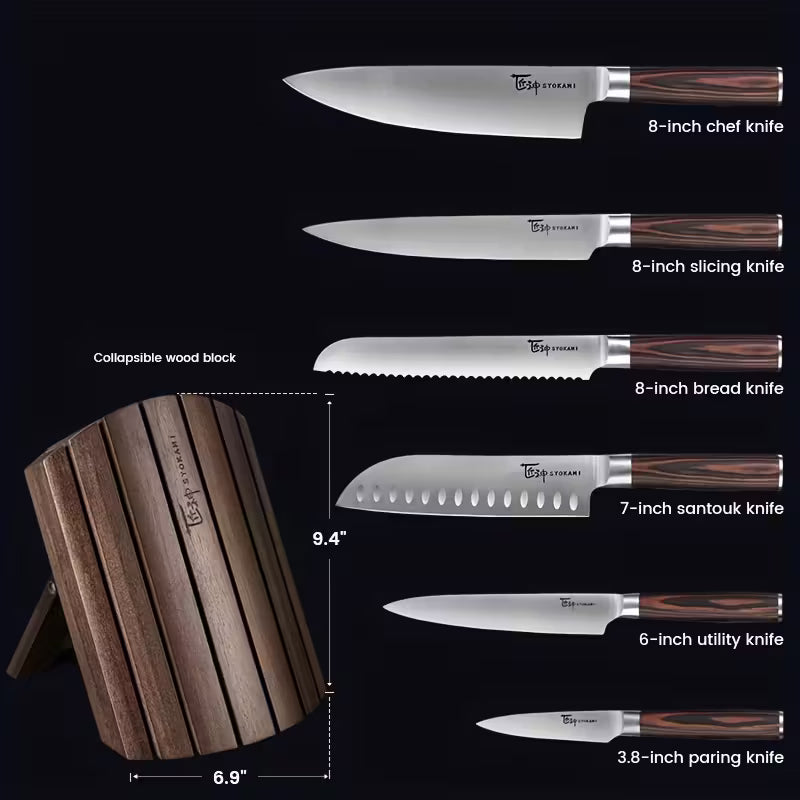 7pcs Japanese Style Kitchen Knife Block Set with Collapsible Block-Drawer
