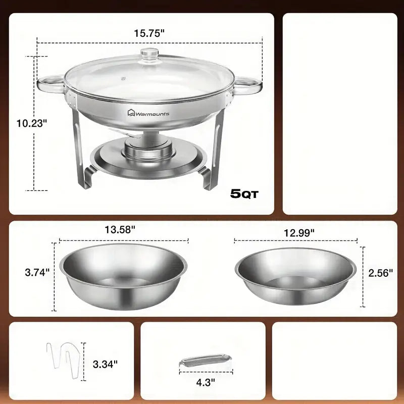 WARMOUNTS 2/4 Pack Golden & Silvery 5QT Chafing Dishes for Buffet with Glass Lid - Food-Grade Stainless Steel Chafers and Buffet Warmers with Lid Holder
