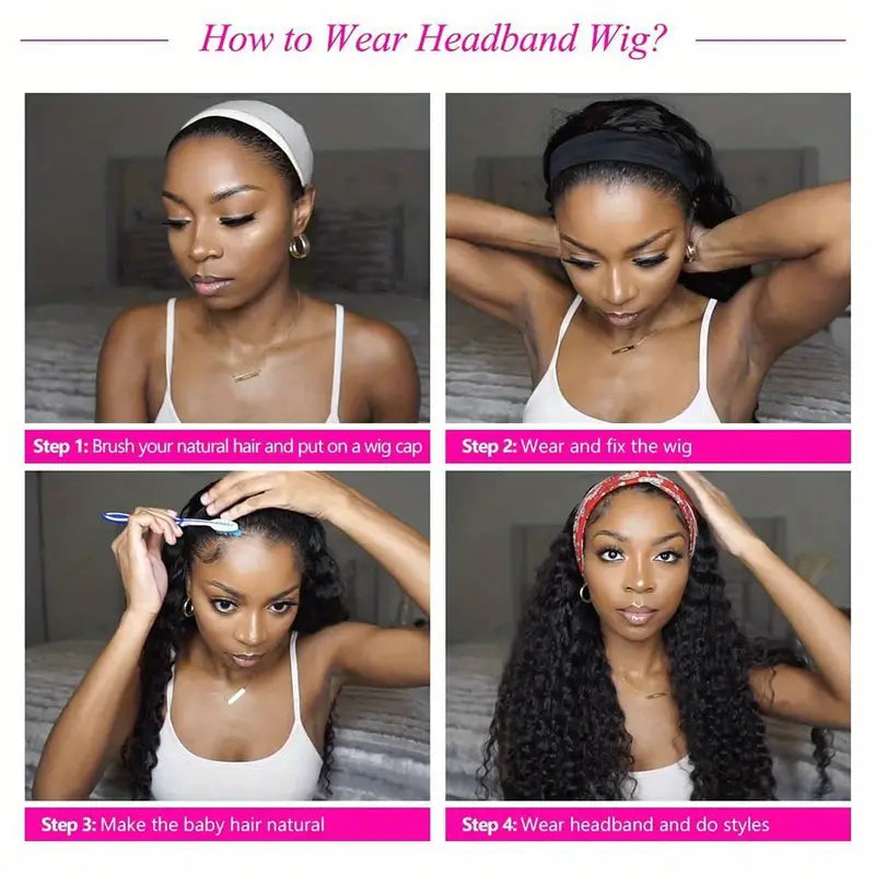 Headband Wig Human Hair Curly Headband Wigs for Human Hair Glueless None Lace Front Wigs Brazilian Virgin Hair Wig Machine Made 180% Density Natural Black Color Breathable