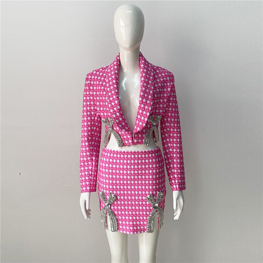 Niche Design Rhinestone Bow Knitted Coat Skirt Outfit