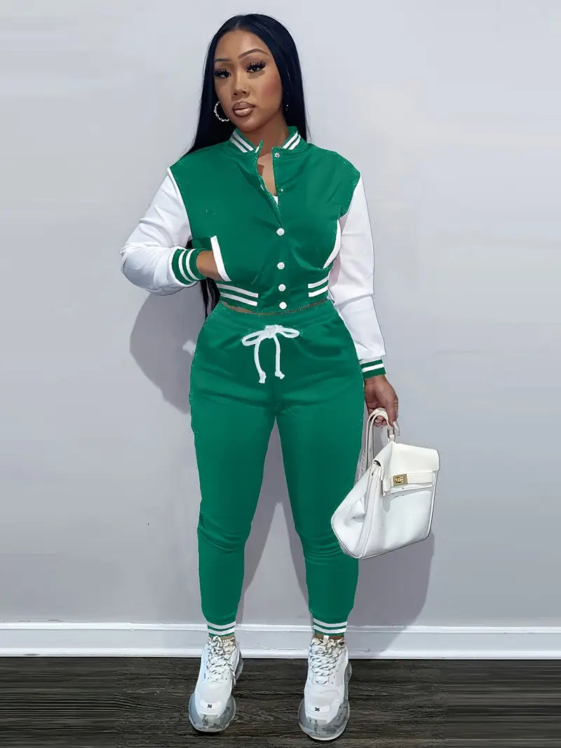 Women'S Baseball Jacket and Jumpsuit Set - Casual Two-Piece with Drawstring Waist, Button-Up Collar