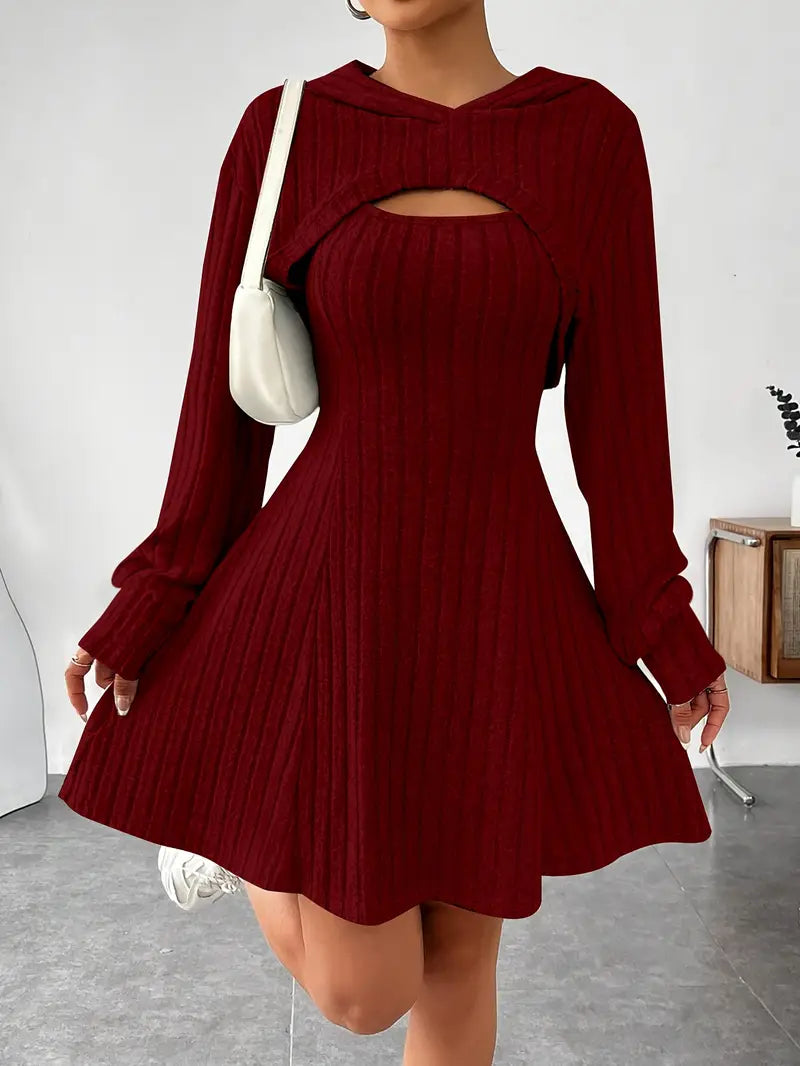 Ribbed Texture Two-Piece Set - Fashionable Short Top And Dress for Women