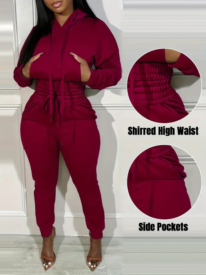 2 Piece Outfits Lounge Hoodie Shirred Waist Pocket Design Sweatshirt Cuffed Jogger Sweatpants Tracksuit