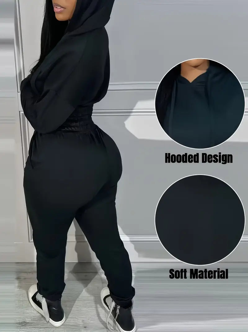 2 Piece Outfits Lounge Hoodie Shirred Waist Pocket Design Sweatshirt Cuffed Jogger Sweatpants Tracksuit