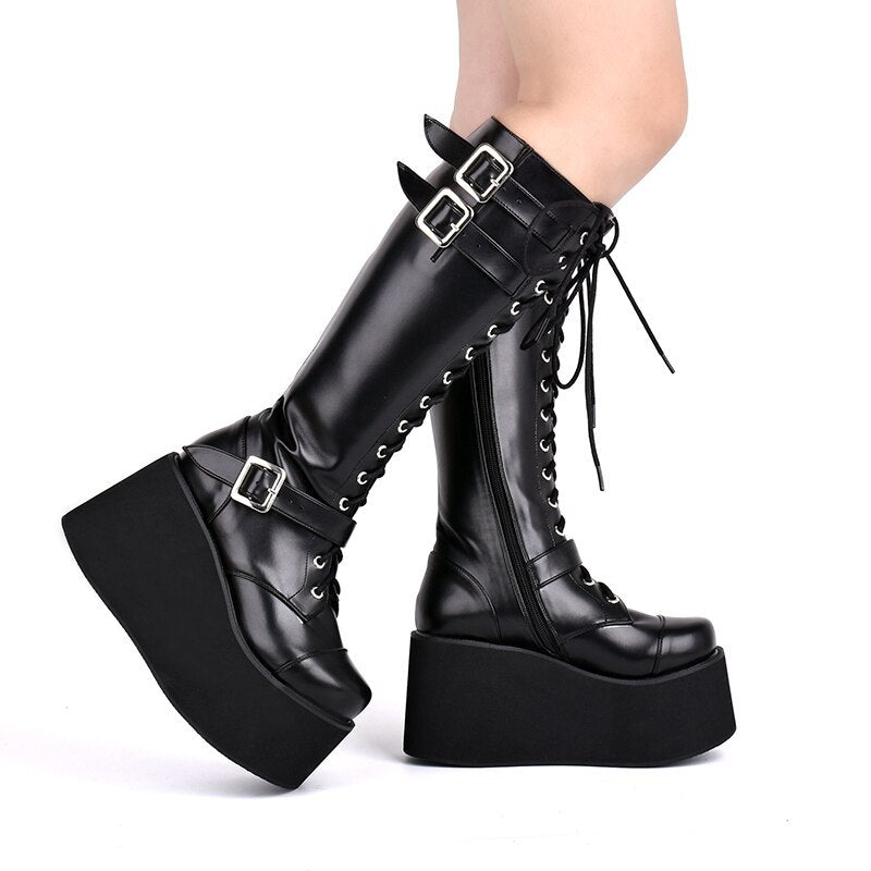 Punk lace up zipper gear muffin high heel boots
