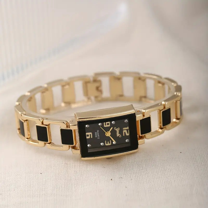 Fashionable small, fresh, retro and simple quartz watch + 5pcs set of black square jewelry set