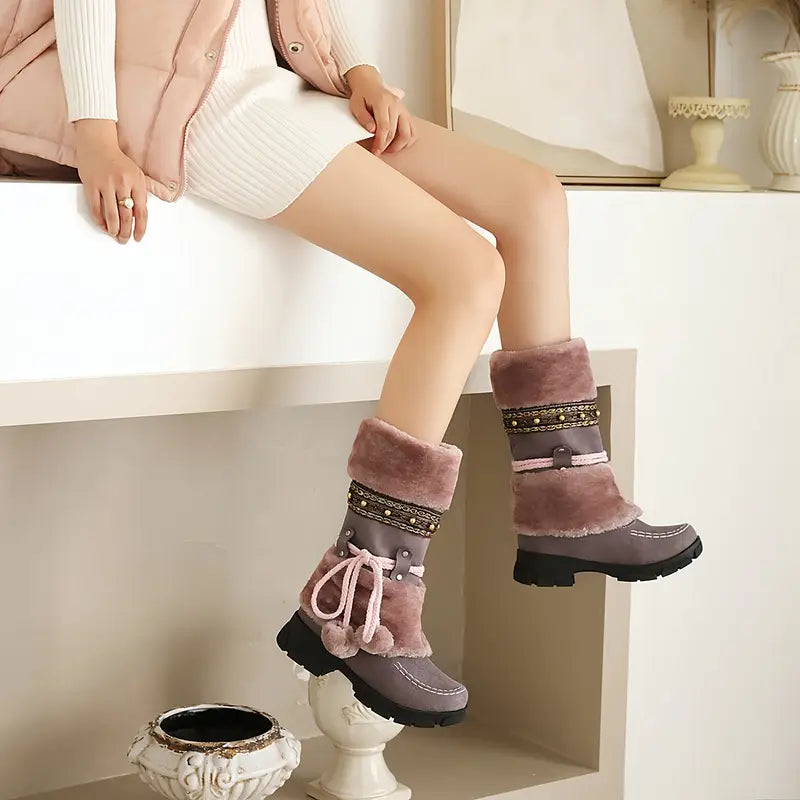 Women's Mid-Calf Slip-On Winter Snow Boots with Suede & Faux Fur, Striped Jingle Bells