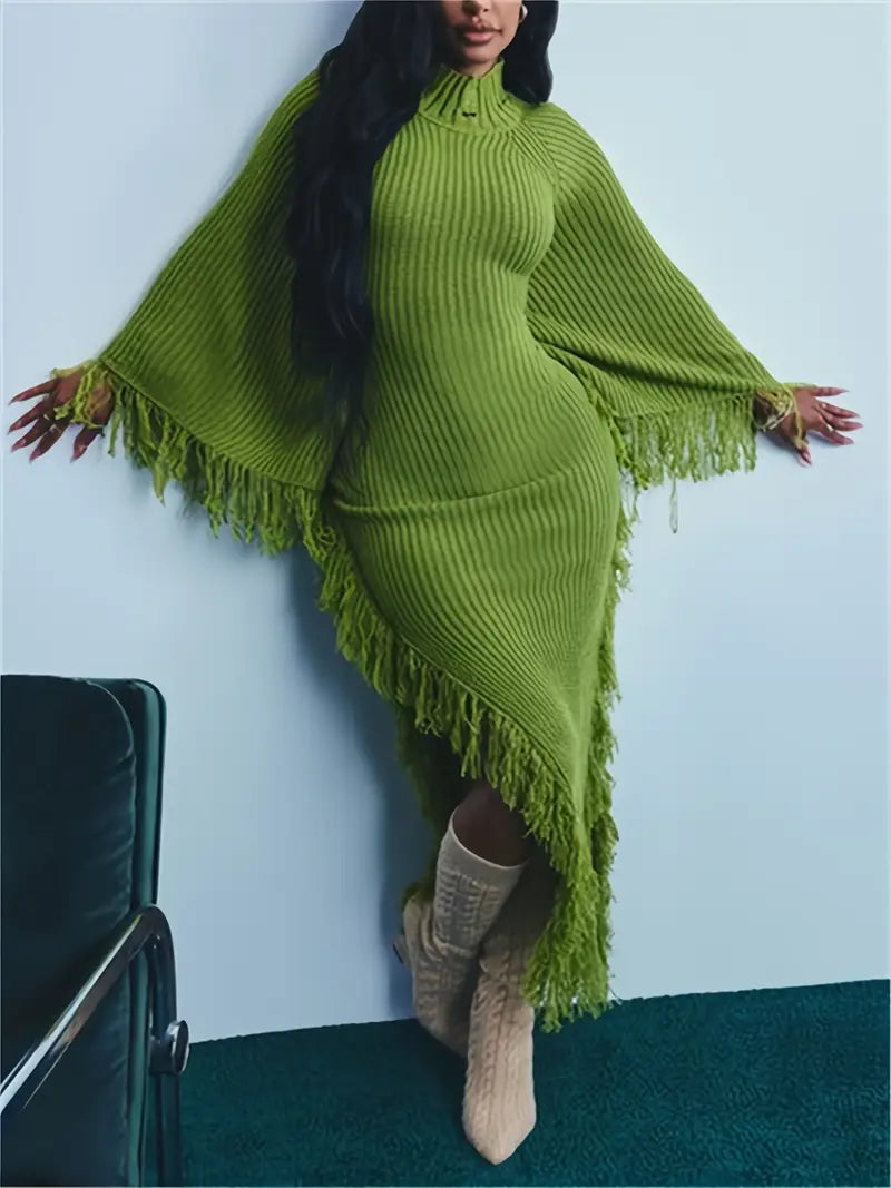 Fringe Trim Sweater Dress For Women, Batwing Long Sleeve High Neck Maxi Dress With Asymmetrical Hem