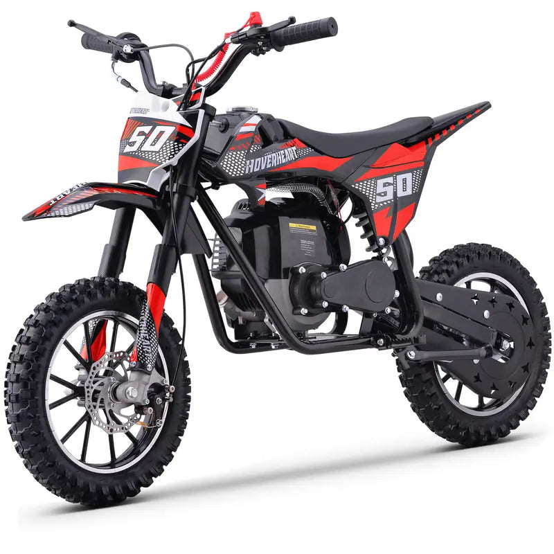 50cc 4-stroke gas motocross bike, motocross bike, top speed 25 mph, range 20 miles, disc brakes, 2.50-10 off-road tires, 165 lbs load capacity, pull start.