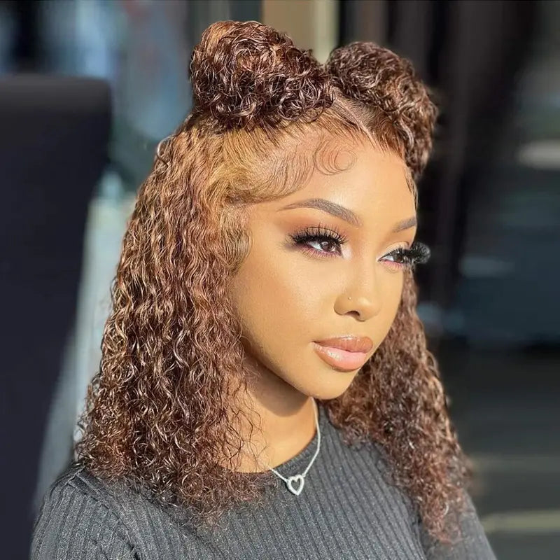 250% Density 4/ 27 Ombre Highlight Deep Wave Curly Bob Wigs Human Hair Pre Plucked Put On And Go Glueless 13x4 HD Honey Blonde Highlight Lace Front Wig Human Hair for Women Wet And Wavy