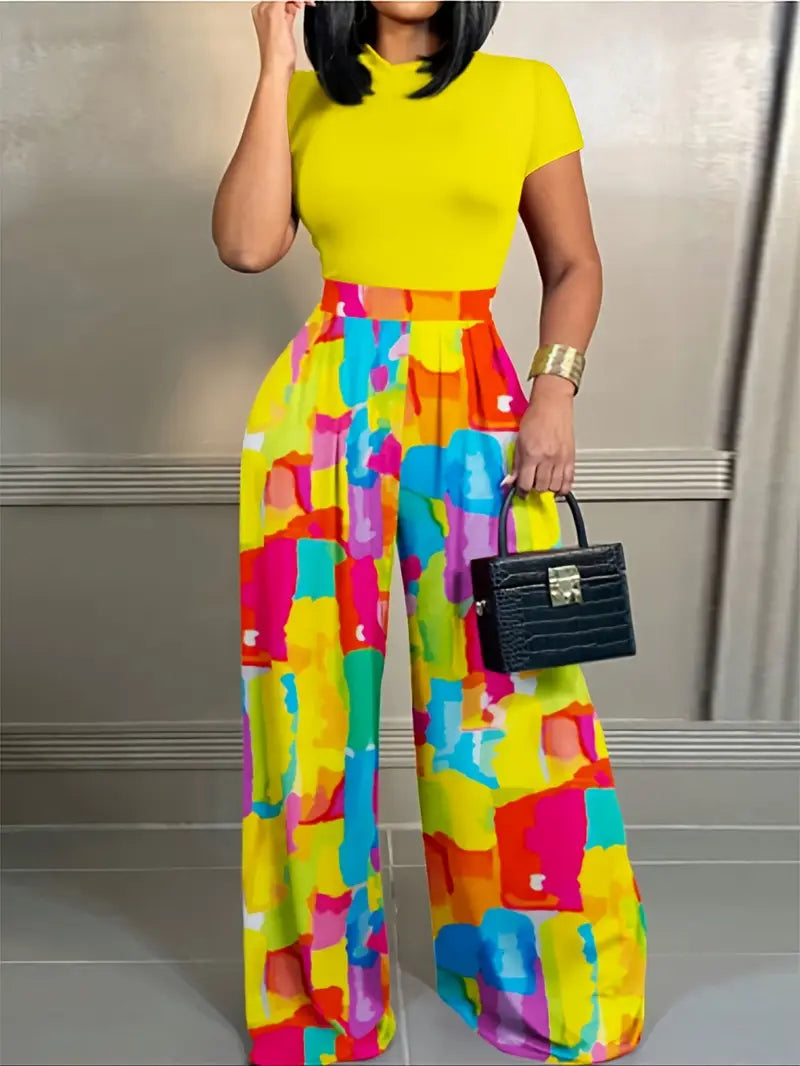2pcs Set of Short-sleeved Slim-fit T-shirts + Elastic Waist Design Printed Wide-leg Pants for Summer