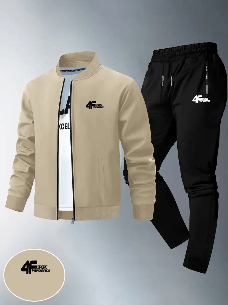 Two-Piece Men'S Slim Fit Jacket and Sports Pants Set, Polish Outdoor Print