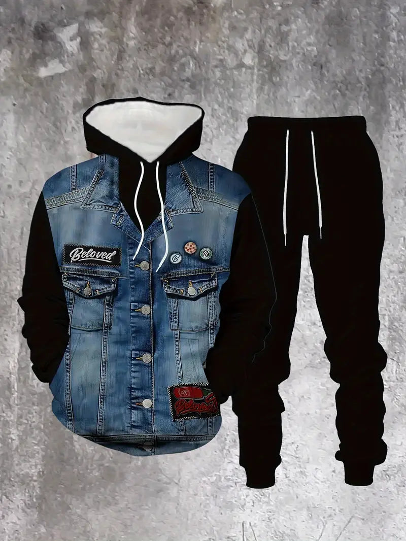 Casual Comfortable Men's Long-Sleeve Sweatshirt Set | Minimalist Denim Pattern Print