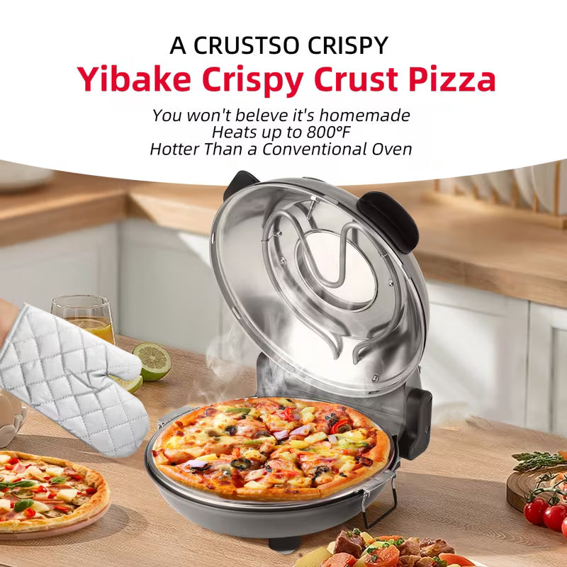 Electric Pizza Oven, 12" Indoor Countertop Pizza Maker, 1200W 5-Min Crisp, Dual Knob Control