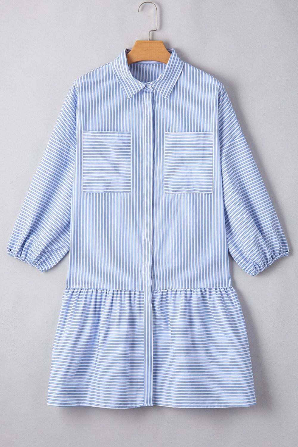Stripe Bubble Sleeve Chest Pockets Shirt Dress