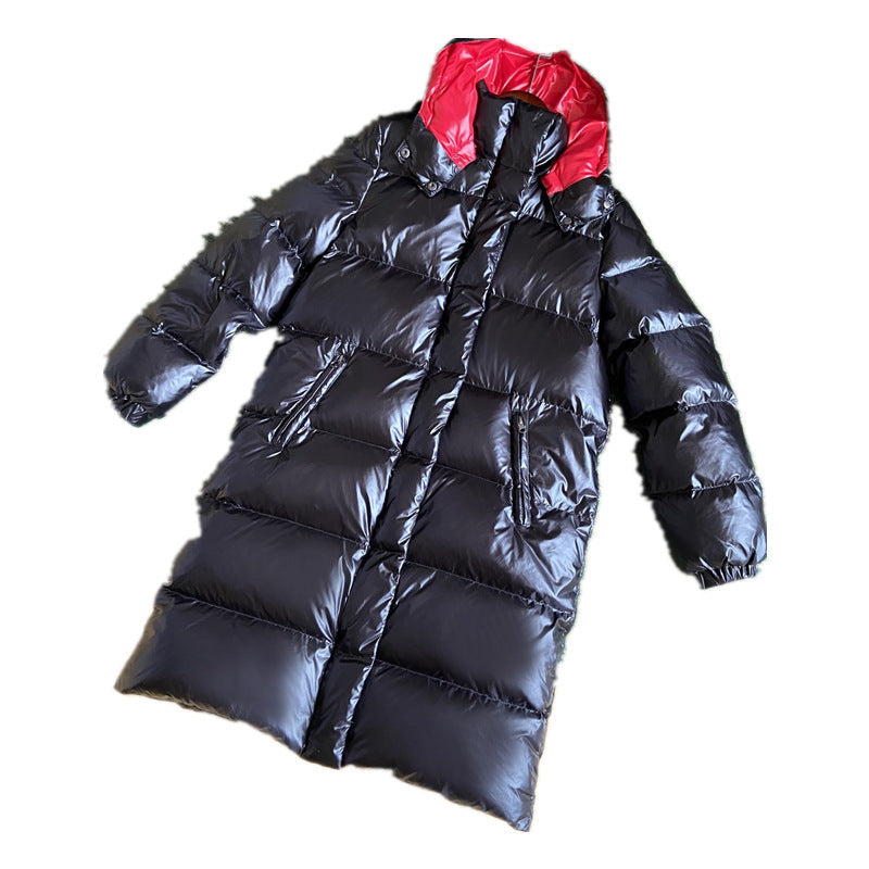 Shiny contrast color hooded straight padded down jacket