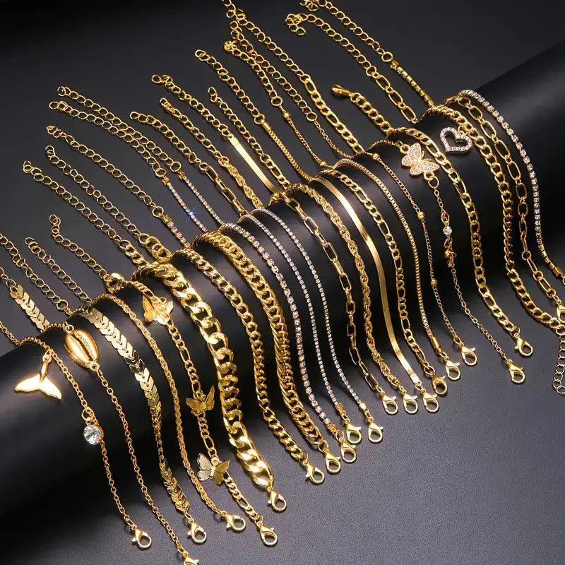 22pcs Vintage Rhinestone Metal Geometric Anklet Set - Multi-Layer Stacking Chain Style