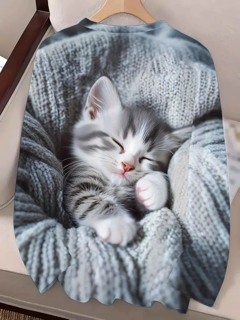 Women's Cute Tabby Kitten Print Long Sleeve T-Shirt - Soft Round Neck Sweater