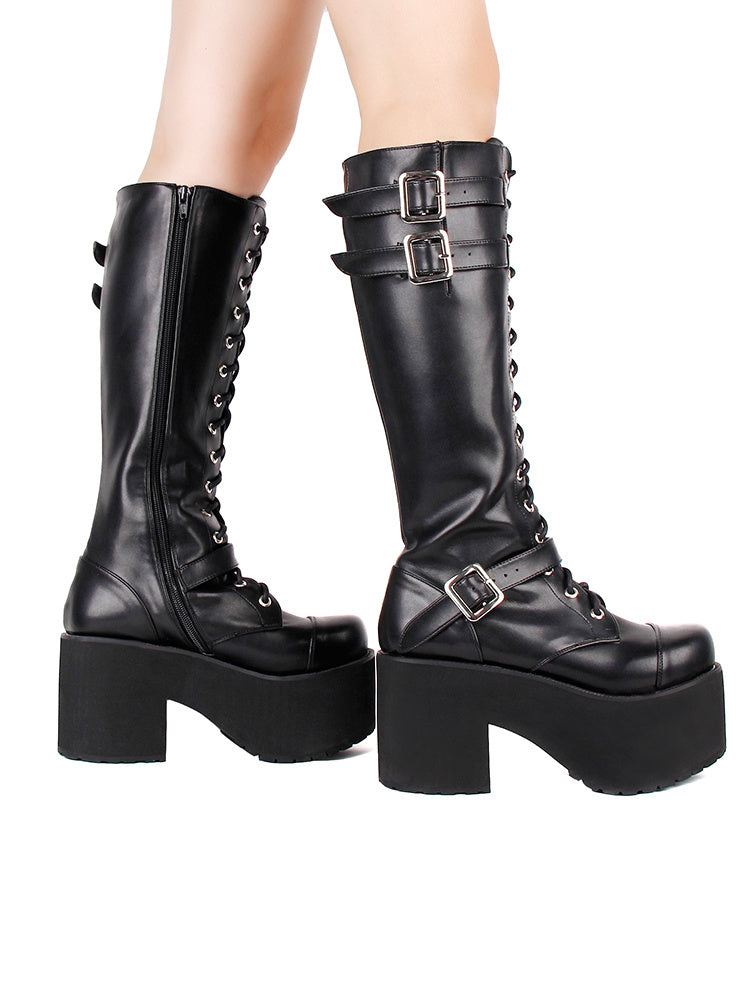 Punk lace up zipper gear muffin high heel boots