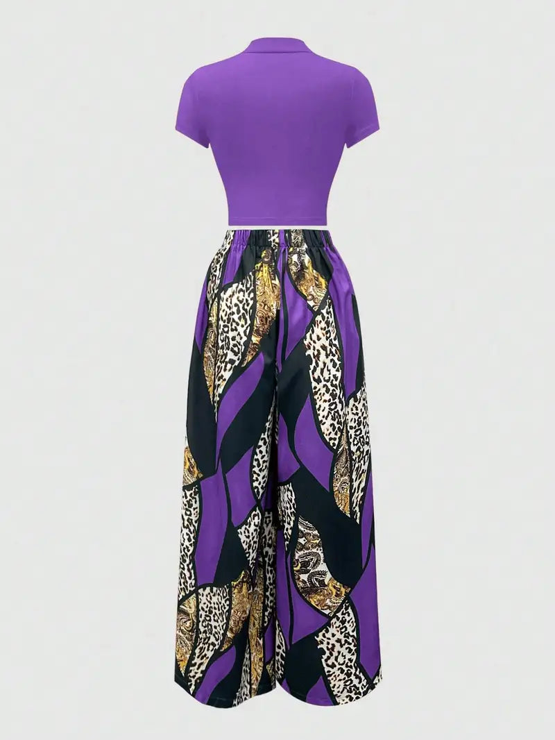 2pcs Set of Short-sleeved Slim-fit T-shirts + Elastic Waist Design Printed Wide-leg Pants for Summer