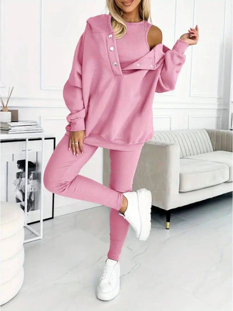 Women's 3pcs Oversized Hooded Sweatshirt & Slim-Fit Vest & Pants Set