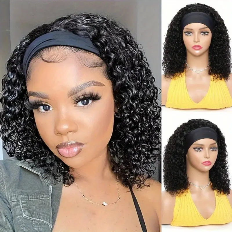200% Density Brazilian Remy Human Hair Wig - Glueless Headband Deep Wave Sporty Style Rose Net Cap for Women