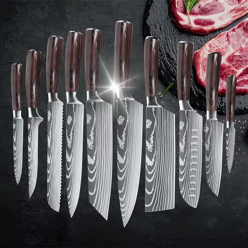 10pcs Mahogany Kitchen Chef Knife Set, 3.5-8 Inch, High Carbon Stainless Steel, Ergonomic Wooden Handle