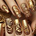 Golden Dragon & Floral Design Press-On Nails - Sparkling Metallic Finish