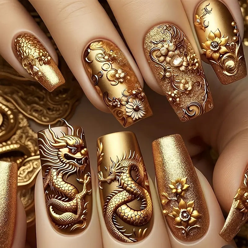 Golden Dragon & Floral Design Press-On Nails - Sparkling Metallic Finish