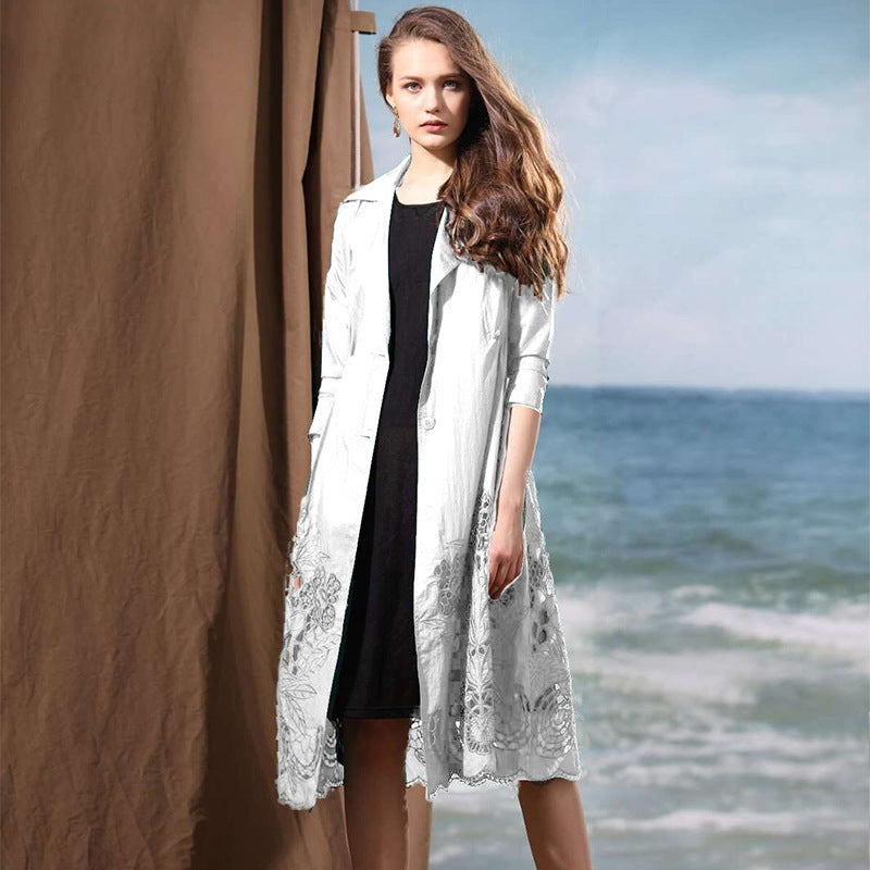 Summer New Mid-length Large Size Retro Thin Embroidery Hollow Women's Long-sleeved Windbreaker