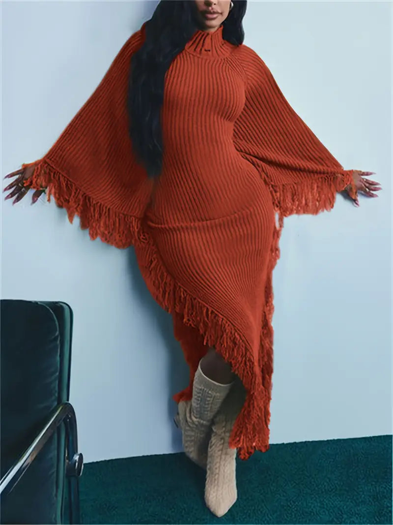 Fringe Trim Sweater Dress For Women, Batwing Long Sleeve High Neck Maxi Dress With Asymmetrical Hem