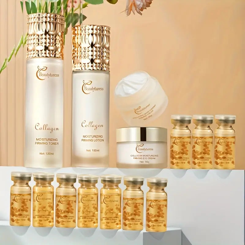 Luxury Collagen Skincare Set for for Sensitive Light Beige - 14pcs/ Set - with Collagen, Niacinamide, Hyaluronic Acid - Deep Moisturizing